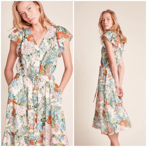 Trovata Birds of Paradis Floral Midi Dress L Ramie Cotton V-Neck Tiered Boho - Picture 2 of 9